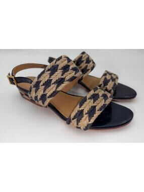 TORY BURCH 'LOLA' NAVY PATENT LEATHER JUTE SANDALS SIZE: 6 Excellent